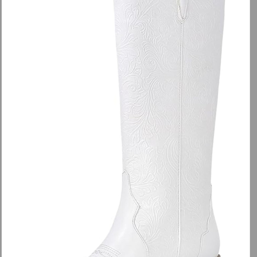 White Embossed Knee-High Heeled Boot